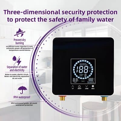 High-quality water temperature control device with digital display, designed for safe family water supply, featuring waterproof IPX4 grade, separation of water and electricity, and prevention of dry burning.