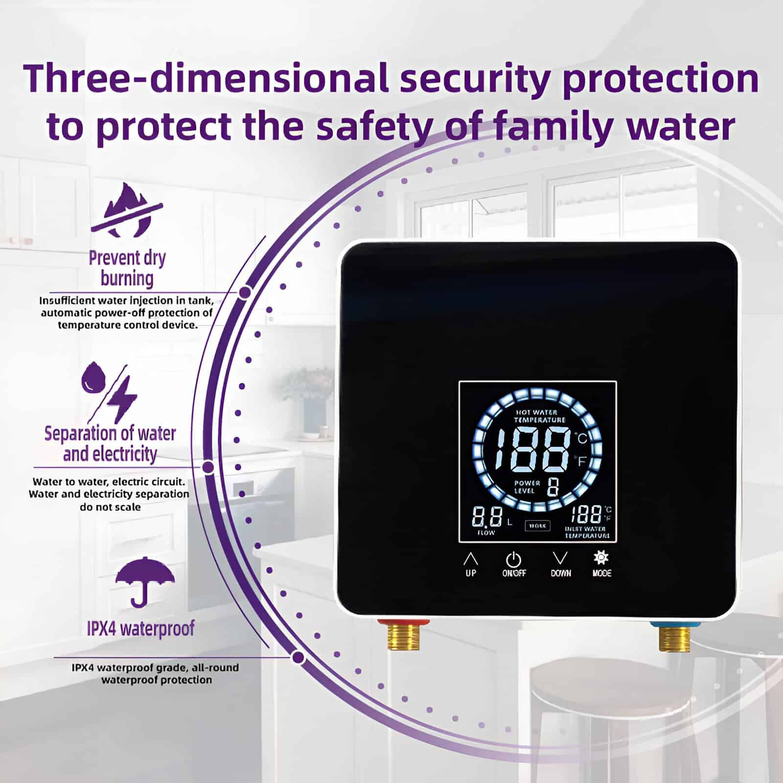 High-quality water temperature control device with digital display, designed for safe family water supply, featuring waterproof IPX4 grade, separation of water and electricity, and prevention of dry burning.