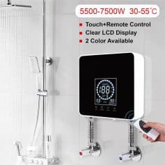 5500-7500W shower water heater with touch and remote control, clear LCD display, available in 2 colors, ideal for home bathroom, durable and energy-efficient heating system.