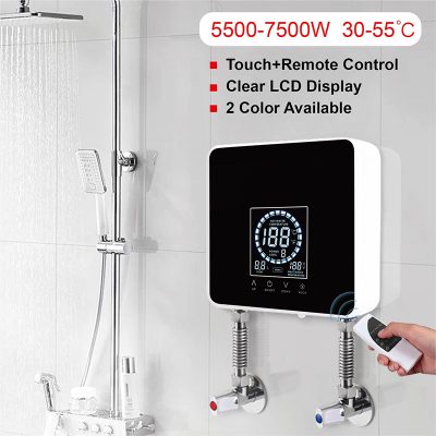 5500-7500W shower water heater with touch and remote control, clear LCD display, available in 2 colors, ideal for home bathroom, durable and energy-efficient heating system.