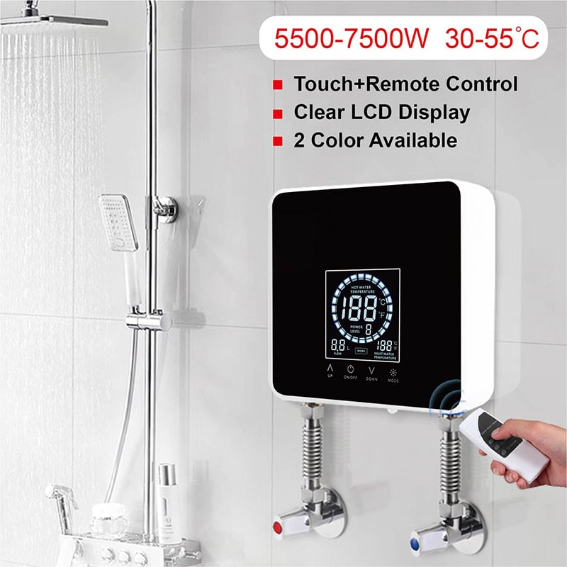 5500-7500W shower water heater with touch and remote control, clear LCD display, available in 2 colors, ideal for home bathroom, durable and energy-efficient heating system.