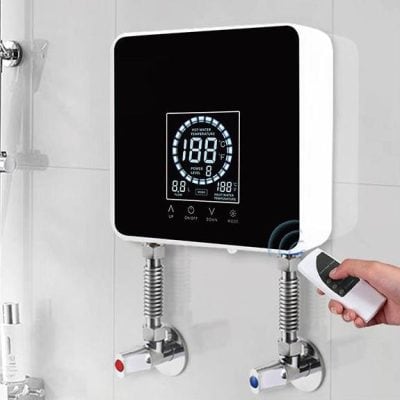 22034001 - Modern electronic water heater with digital display and remote control for efficient hot water management in homes and offices.