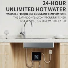 Hot water mini water heater for bathroom and kitchen, multi-function water heater with variable frequency constant temperature, 24-hour unlimited hot water supply.