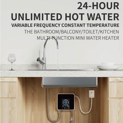 Hot water mini water heater for bathroom and kitchen, multi-function water heater with variable frequency constant temperature, 24-hour unlimited hot water supply.