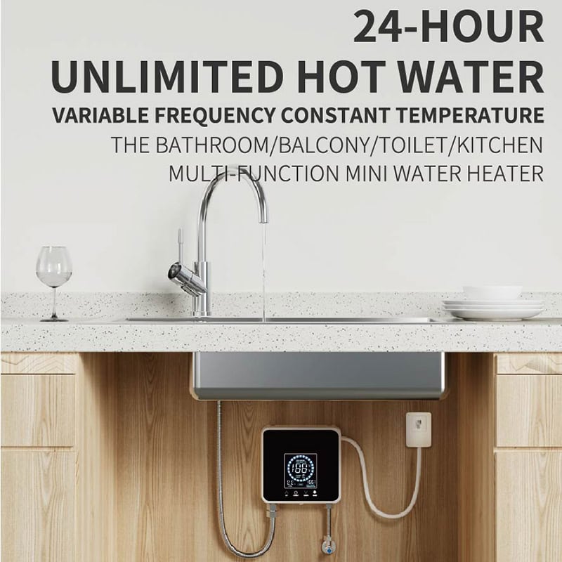 Hot water mini water heater for bathroom and kitchen, multi-function water heater with variable frequency constant temperature, 24-hour unlimited hot water supply.
