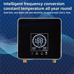 High-tech digital water heater control panel with touch screen and temperature settings for constant hot water supply, energy efficiency, and smart temperature conversion for all-year-round use.