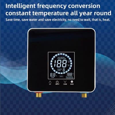 High-tech digital water heater control panel with touch screen and temperature settings for constant hot water supply, energy efficiency, and smart temperature conversion for all-year-round use.