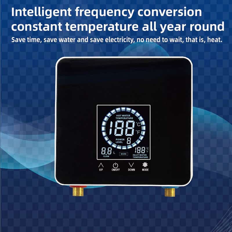 High-tech digital water heater control panel with touch screen and temperature settings for constant hot water supply, energy efficiency, and smart temperature conversion for all-year-round use.