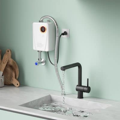 Electric water heater for kitchen sink, modern black faucet, and water flow at Monalisa Store, ideal for home and office kitchen appliances.