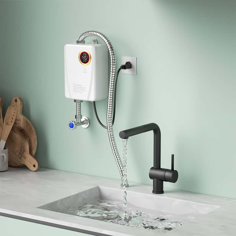 Electric water heater for kitchen sink, modern black faucet, and water flow at Monalisa Store, ideal for home and office kitchen appliances.