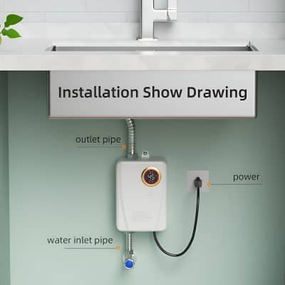 Installation show drawing of an electric water heating system with outlet pipe, water inlet pipe, power connection, and digital temperature control. Suitable for modern bathroom or kitchen setups.