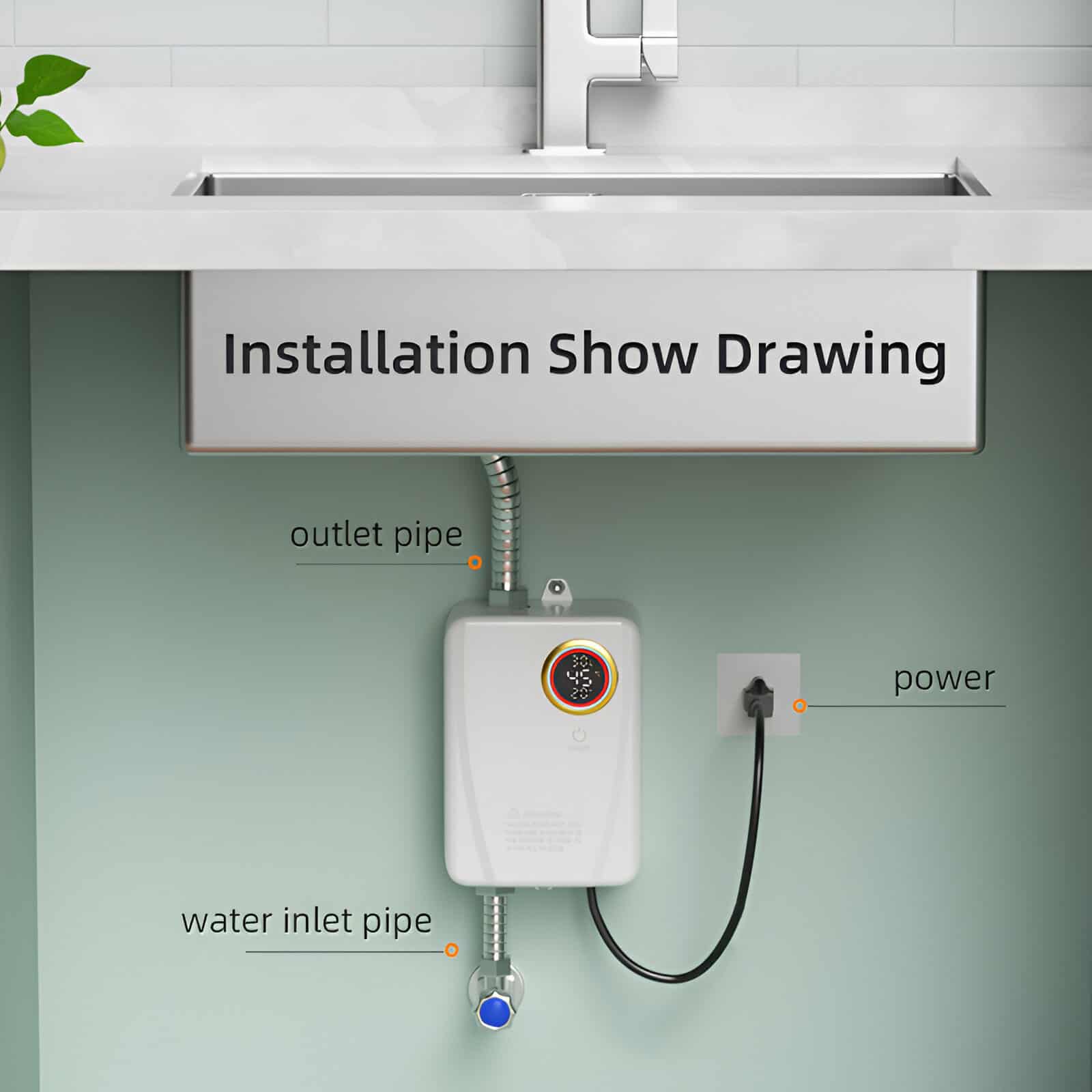 Installation show drawing of an electric water heating system with outlet pipe, water inlet pipe, power connection, and digital temperature control. Suitable for modern bathroom or kitchen setups.