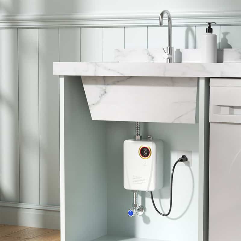 Modern kitchen sink with integrated electric water heater for instant hot water, space-saving design, ideal for efficient kitchen routines and convenience.