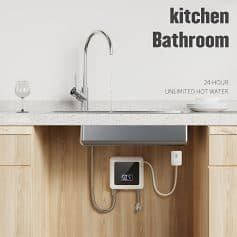Automatic hot water dispenser in a modern kitchen with countertop, sink, and wooden cabinetry, providing 24-hour unlimited hot water for cooking and cleaning needs.