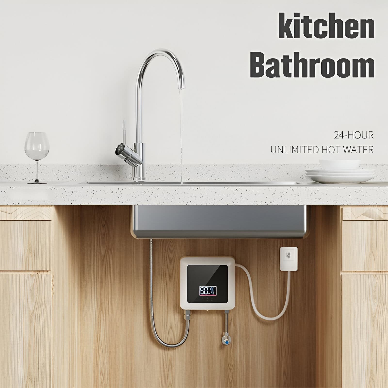 Automatic hot water dispenser in a modern kitchen with countertop, sink, and wooden cabinetry, providing 24-hour unlimited hot water for cooking and cleaning needs.