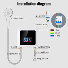 Shower head and digital control panel with installation diagram for water heater, showing connections for water inlet, outlet, and safety valves, ideal for modern bathroom setups.