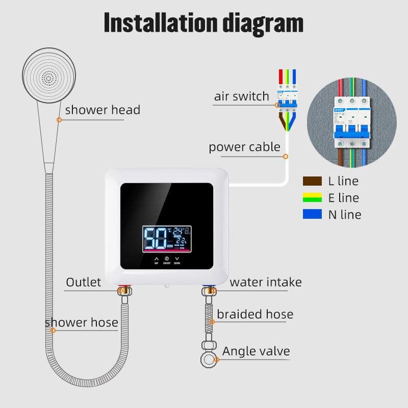 Shower head and digital control panel with installation diagram for water heater, showing connections for water inlet, outlet, and safety valves, ideal for modern bathroom setups.