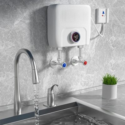Automatic instant water heater for kitchen use, wall-mounted hot water dispenser, energy-efficient electric boiler, modern design, reliable plumbing fixture, ideal for domestic or commercial settings.