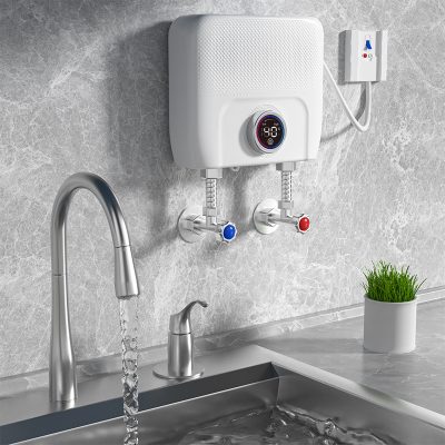 Clean water heater for kitchen sink, modern instant water heater with digital display, stainless steel faucet with running water, kitchen sink with countertop, indoor plumbing essentials for home use.