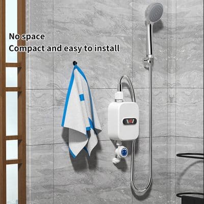 Electric shower heater, compact face shower head, modern bathroom water heater, space-saving shower heater for homes and hotels, Monalisa Medical Store.