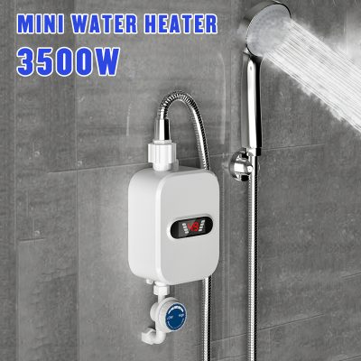 Mini water heater 350W for shower, electric instant water heater with digital display, suitable for home and office bathroom installation, energy-efficient and compact design.