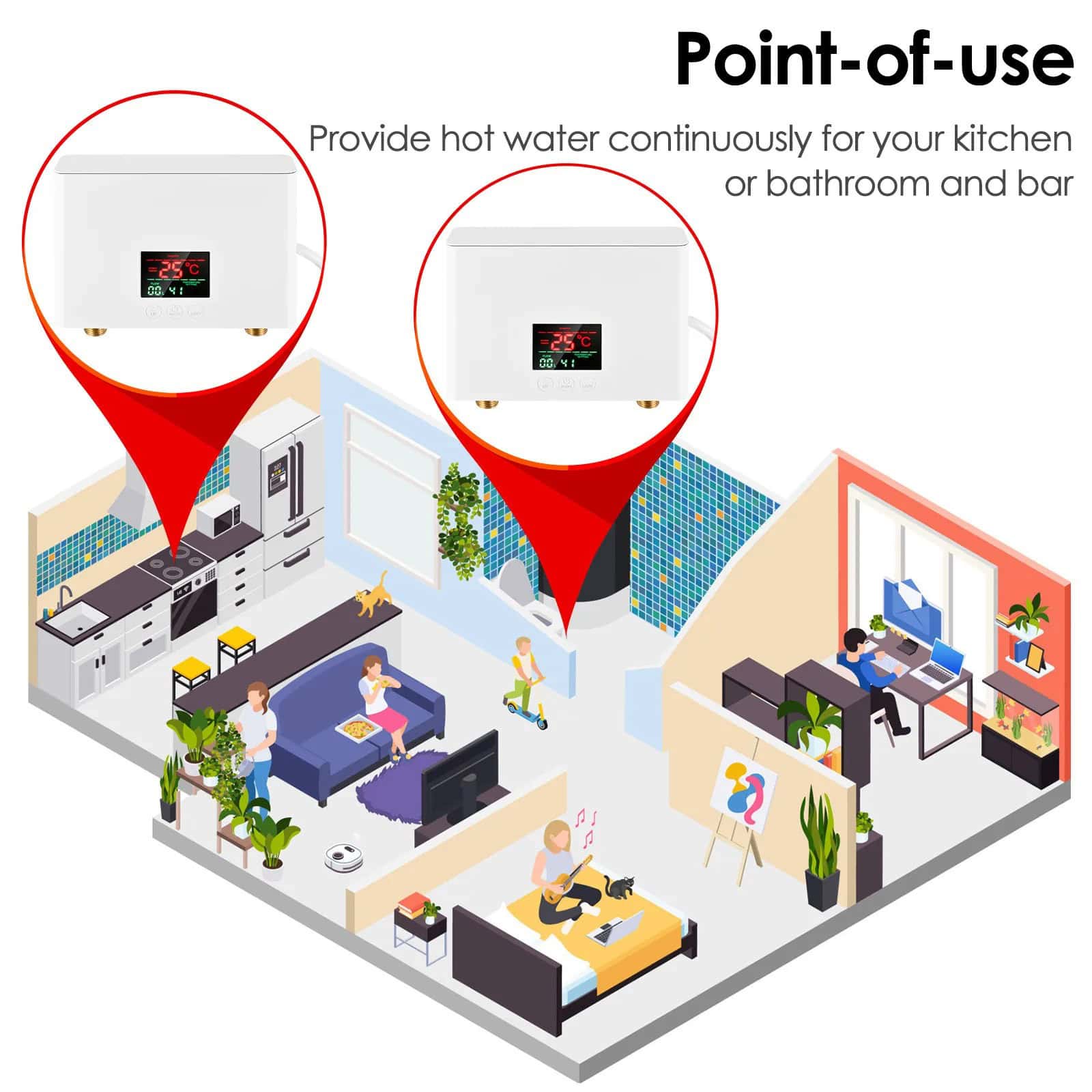 Automatic hot water dispenser for kitchen and bathroom use, featuring digital temperature control. Ideal for residential and commercial spaces, ensuring continuous hot water supply with modern design.