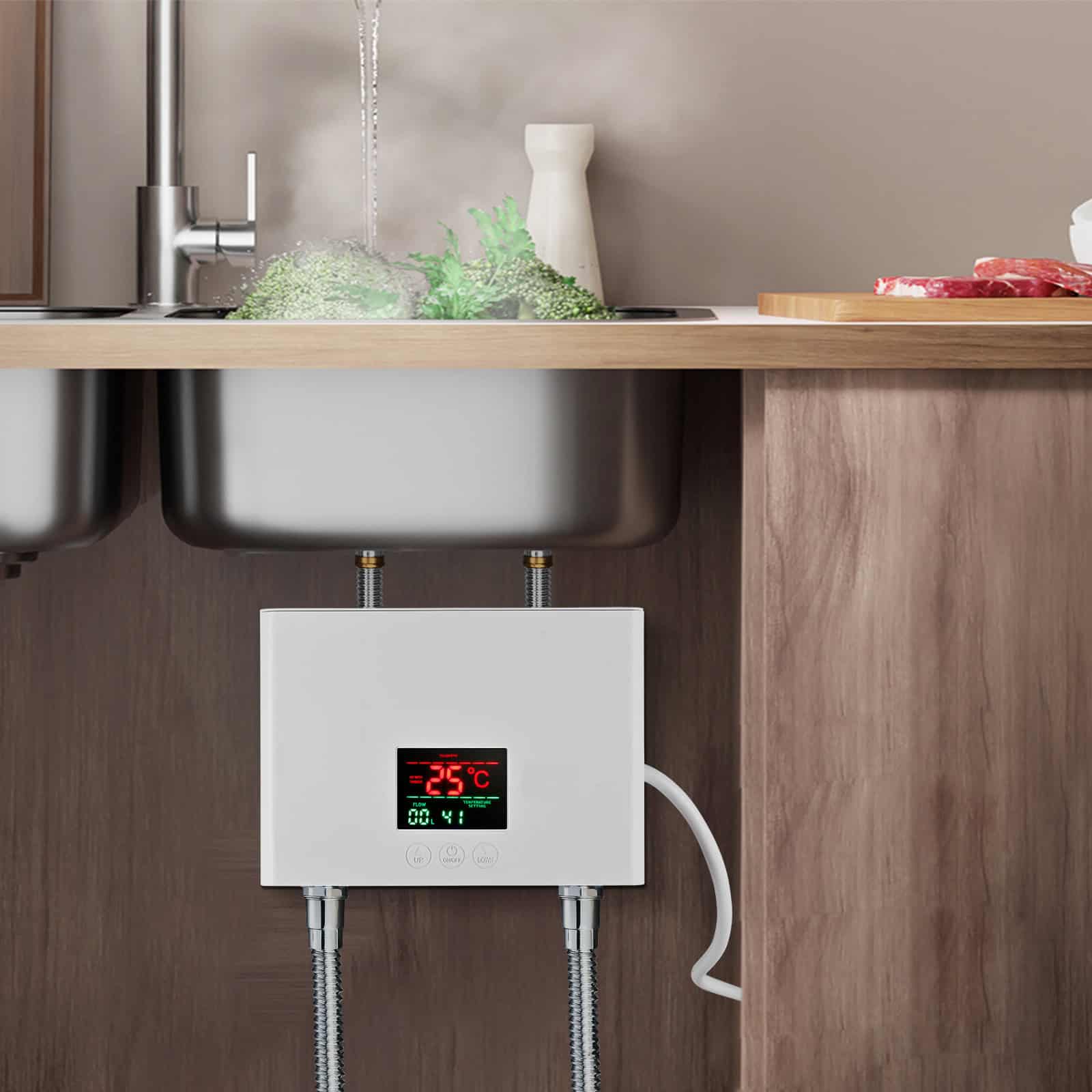 Thermoelectric temperature control device installed under kitchen sink, ideal for precise temperature regulation in medical, laboratory, and culinary environments.