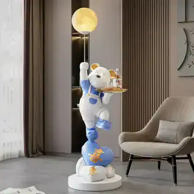 Moonlit bear standing lamp with tray holding beverages, whimsical design, decorative indoor lighting, unique home decor for living rooms and cafes, artistic and playful ambiance.