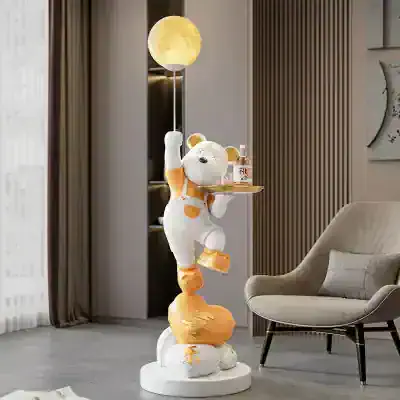 Cute bear lamp with moon and tray decor, modern living room accent piece, stylish home lighting, playful plush character, cozy interior decor ideal for contemporary spaces.