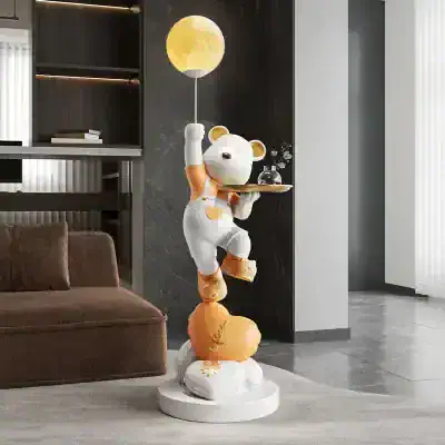 Cute teddy bear lampshade sculpture holding a moon light decorative figure, modern home decor for living room, adorable playful design for kids' space.