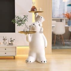 Whimsical bear-shaped side table with multiple surfaces for decor, ideal for modern home decor and versatile use in living rooms or bedrooms.
