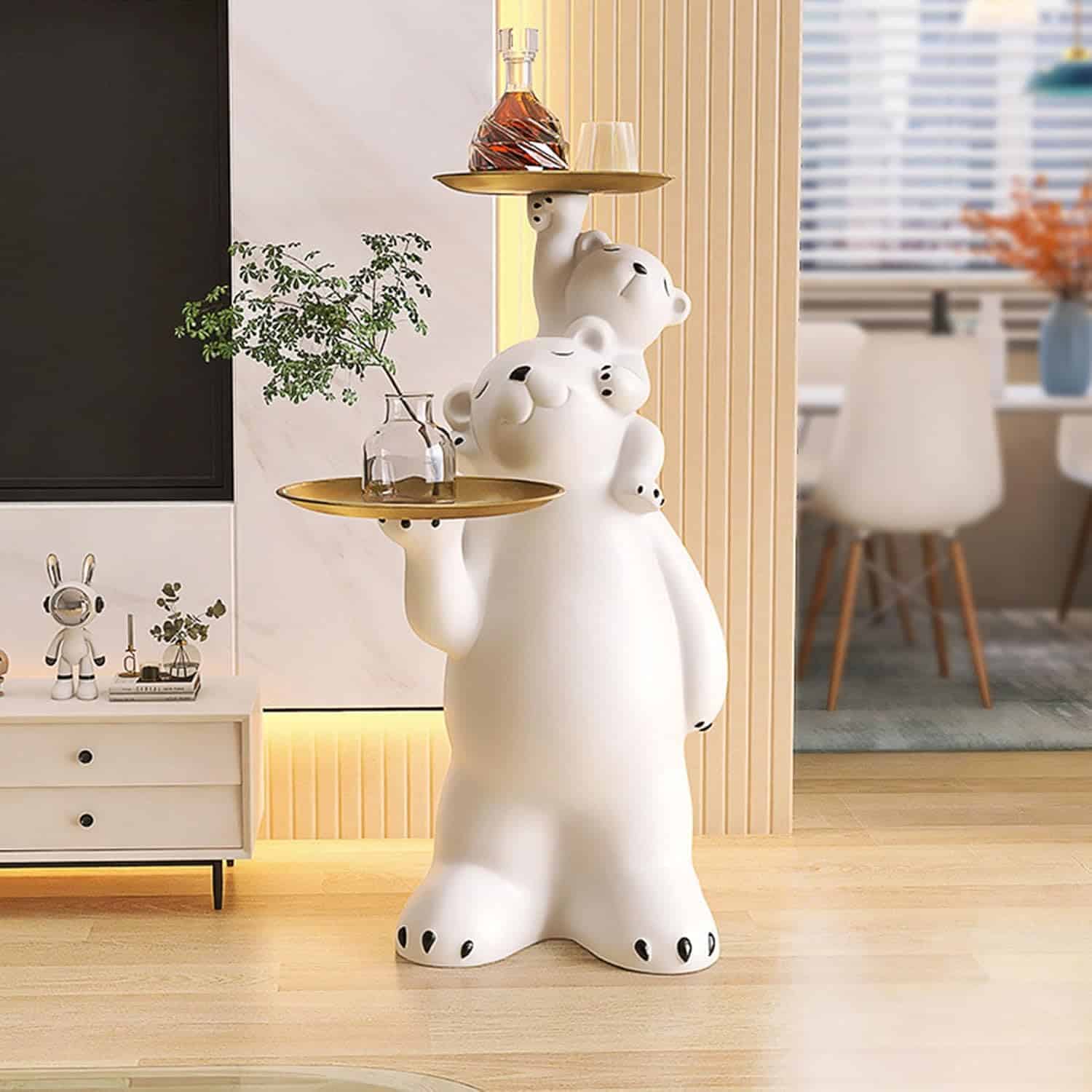 Whimsical bear-shaped side table with multiple surfaces for decor, ideal for modern home decor and versatile use in living rooms or bedrooms.