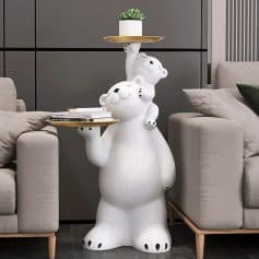 Whimsical bear-shaped side table with tray and plant on top, modern living room decor, eye-catching animal-inspired furniture for stylish home interior, perfect for enhancing cozy spaces.