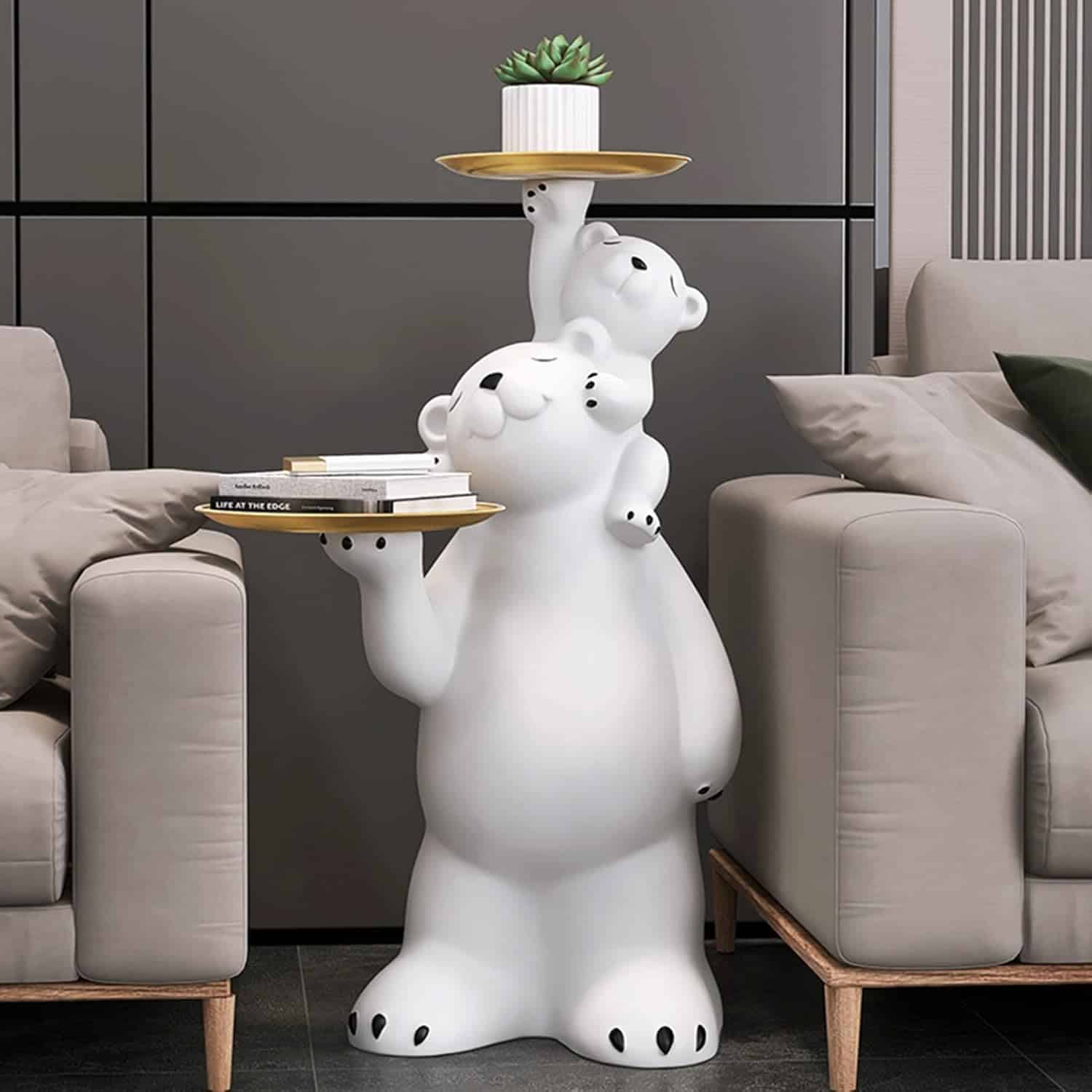 Whimsical bear-shaped side table with tray and plant on top, modern living room decor, eye-catching animal-inspired furniture for stylish home interior, perfect for enhancing cozy spaces.