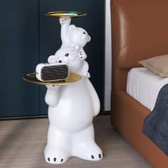 Cute bear-shaped nightstand with gold accents and a modern fan, perfect for stylish bedroom décor.