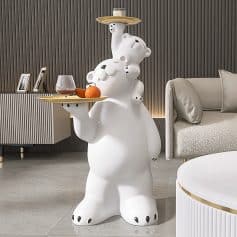 Bear-shaped decorative statue with serving trays, modern living room decor, stylish furniture, and Monalisa Medical branding in the background. Ideal for enhancing contemporary interior design.
