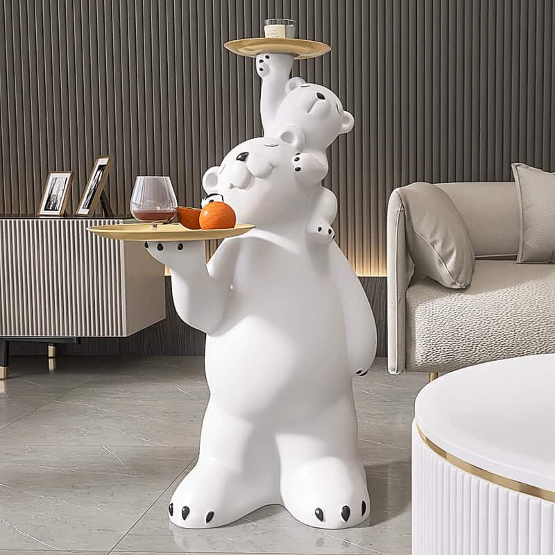 Bear-shaped decorative statue with serving trays, modern living room decor, stylish furniture, and Monalisa Medical branding in the background. Ideal for enhancing contemporary interior design.
