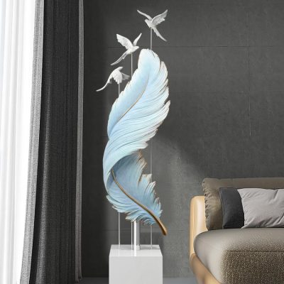 Elegant feather sculpture with flying birds, modern wall decor, ideal for enhancing interior spaces at Monalisa Store, perfect for home or office aesthetics.