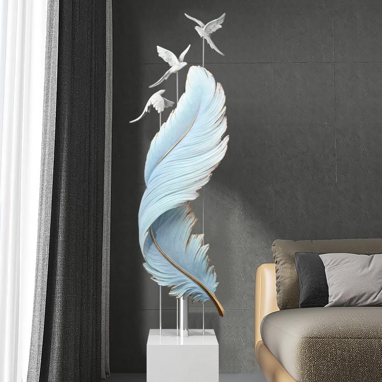 Elegant feather sculpture with flying birds, modern wall decor, ideal for enhancing interior spaces at Monalisa Store, perfect for home or office aesthetics.