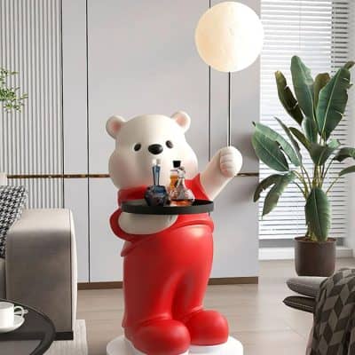 Cute bear-shaped figure holding a tray of laboratory glassware, modern interior with greenery, stylish lamp, and comfortable furniture, emphasizing a playful yet sophisticated ambiance at Monalisa Store.
