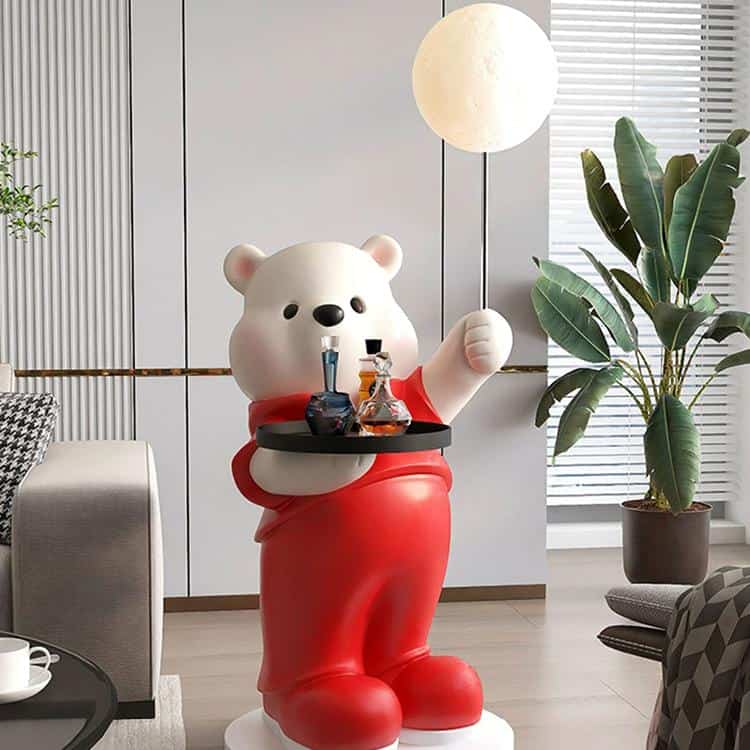 Cute bear-shaped figure holding a tray of laboratory glassware, modern interior with greenery, stylish lamp, and comfortable furniture, emphasizing a playful yet sophisticated ambiance at Monalisa Store.