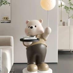 Cute bear-shaped lamp holding a moon-shaped light, modern interior decor, decorative figure, cozy home ambiance, Monalisa Medical store aesthetic, stylish living space, playful decor accent, contemporary design element, high-quality home furnishings, trendy interior accessories, home decoration ideas, minimalist decor, innovative lighting solutions.