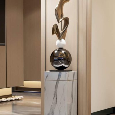 Luxury abstract sculpture on marble pedestal in modern interior design, Monalisa Store opt, contemporary art decor, high-quality aesthetic art piece, stylish home or office ornament.