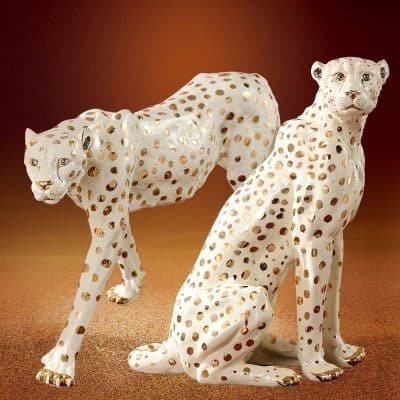 Gold and white cheetah sculpture, luxury animal decor, modern home accent, artistic animal figure, Monalisa store exotic sculpture, high-end decorative art.