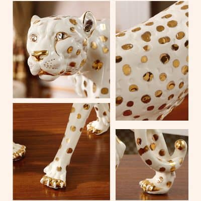 Golden polka dot ceramic lion figurine, decorative home decor piece, luxurious animal sculpture, Monalisa Store elegant ornament, gold accents on white ceramic for sophisticated interior design.