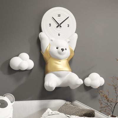 Fluffy bear wall clock with gold vest and cloud decor, ideal for children's bedroom or nursery decor, creating a cute and playful atmosphere.