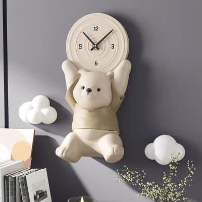 Cute teddy bear-shaped clock wall decor for kids' room, modern plush design, functional room accessory, Monalisa Medical store.