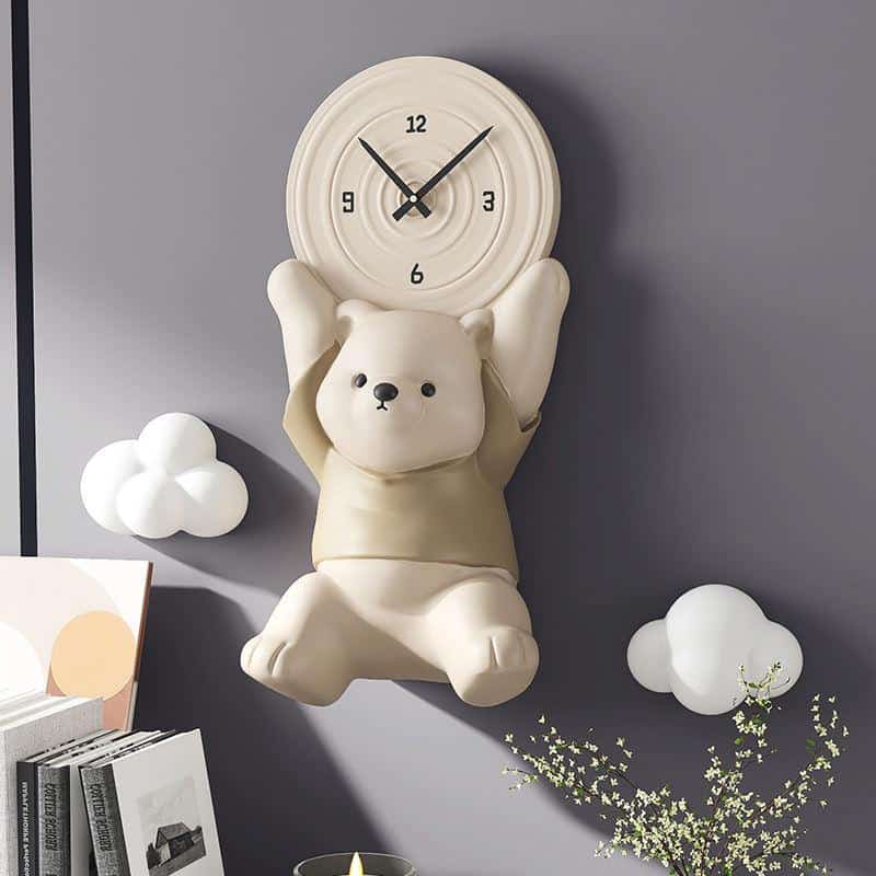 Cute teddy bear-shaped clock wall decor for kids' room, modern plush design, functional room accessory, Monalisa Medical store.