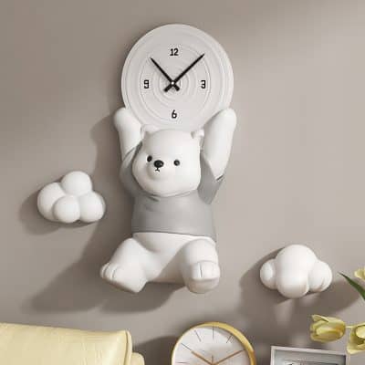 Cute 3D bear wall clock with clouds, modern nursery decor, kids room clock, playful and adorable home accessory, Monalisa Store.