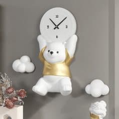 Cute bear wall clock with cloud decor, perfect for children's room or nursery, blending functional timekeeping with playful design, ideal for enhancing kids' spaces.